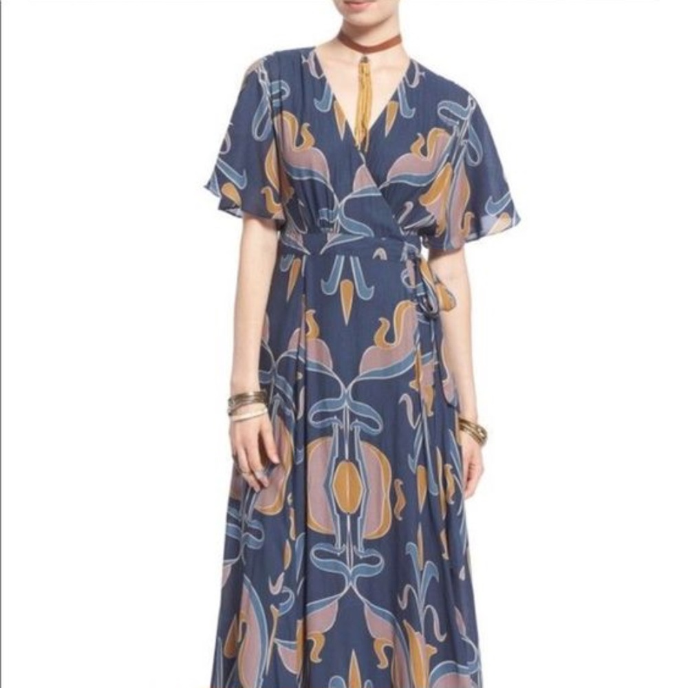Free People Navy Maxi Dress with Mustard & Dusty Pink Print